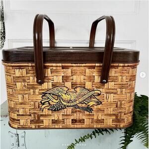 Vintage Chein USA Tin Picnic Basket Eagle Union Justice Confidence Brown Handles
